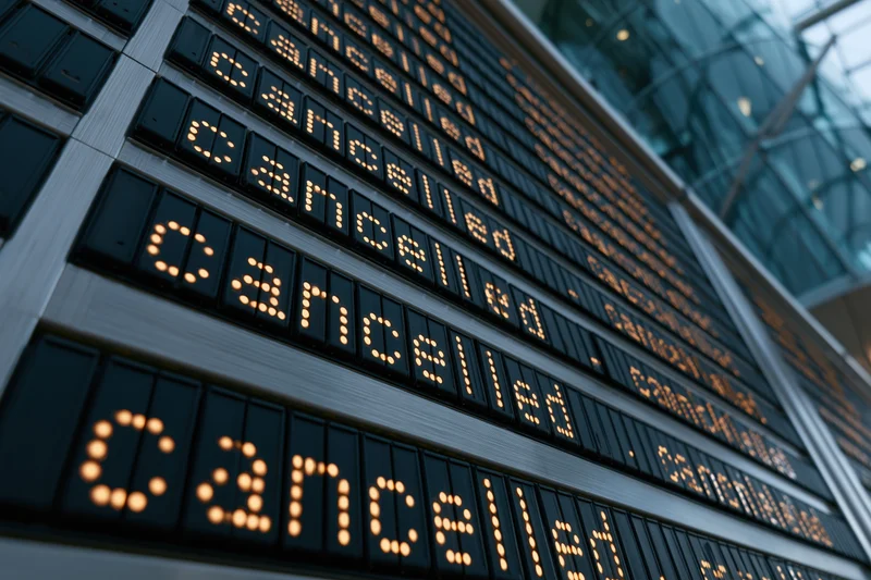 Digital departure board showing cancelled flights in an airport terminal