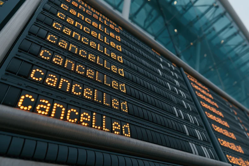 Digital departure board showing cancelled flights in an airport terminal