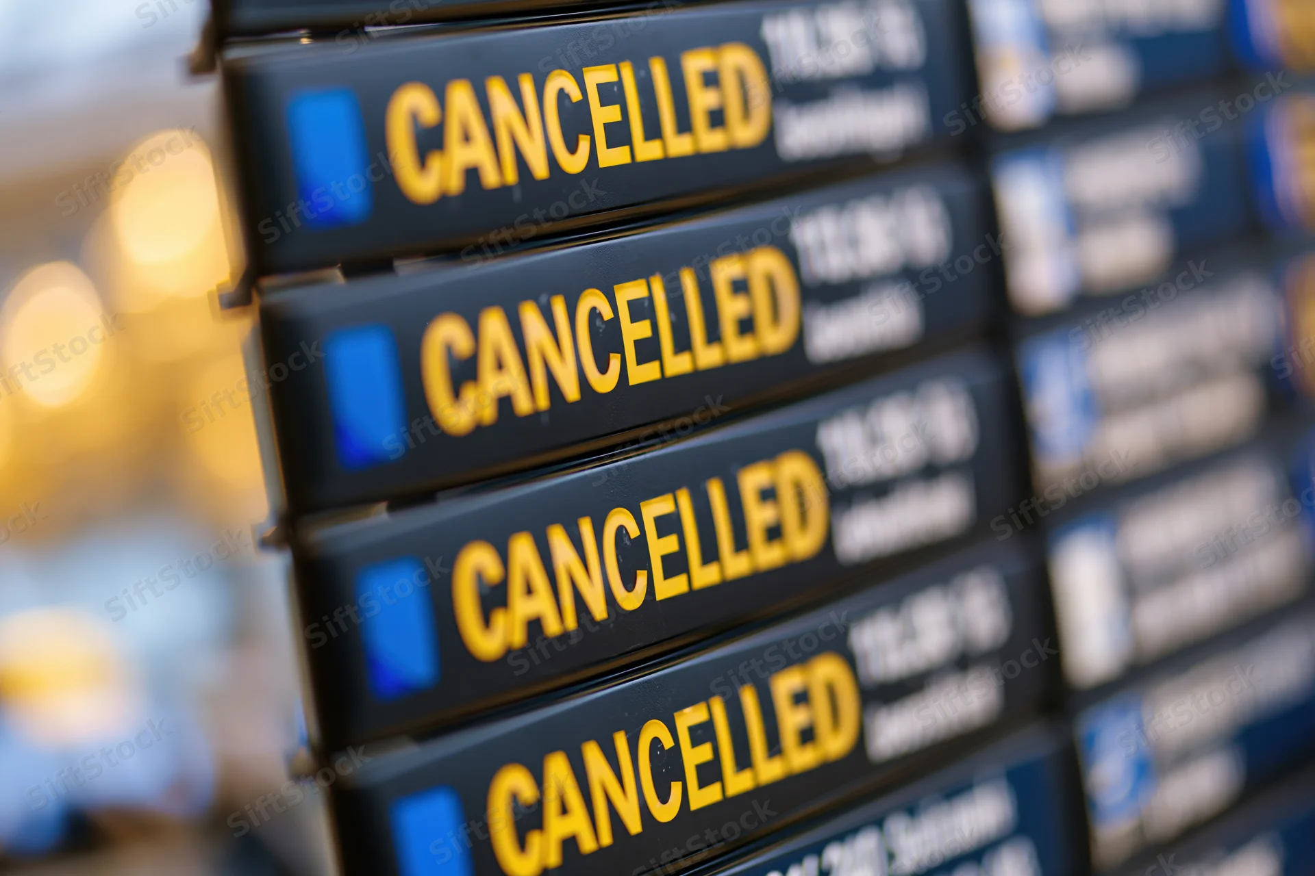 Digital flight information board showing multiple cancelled flights at airport terminal