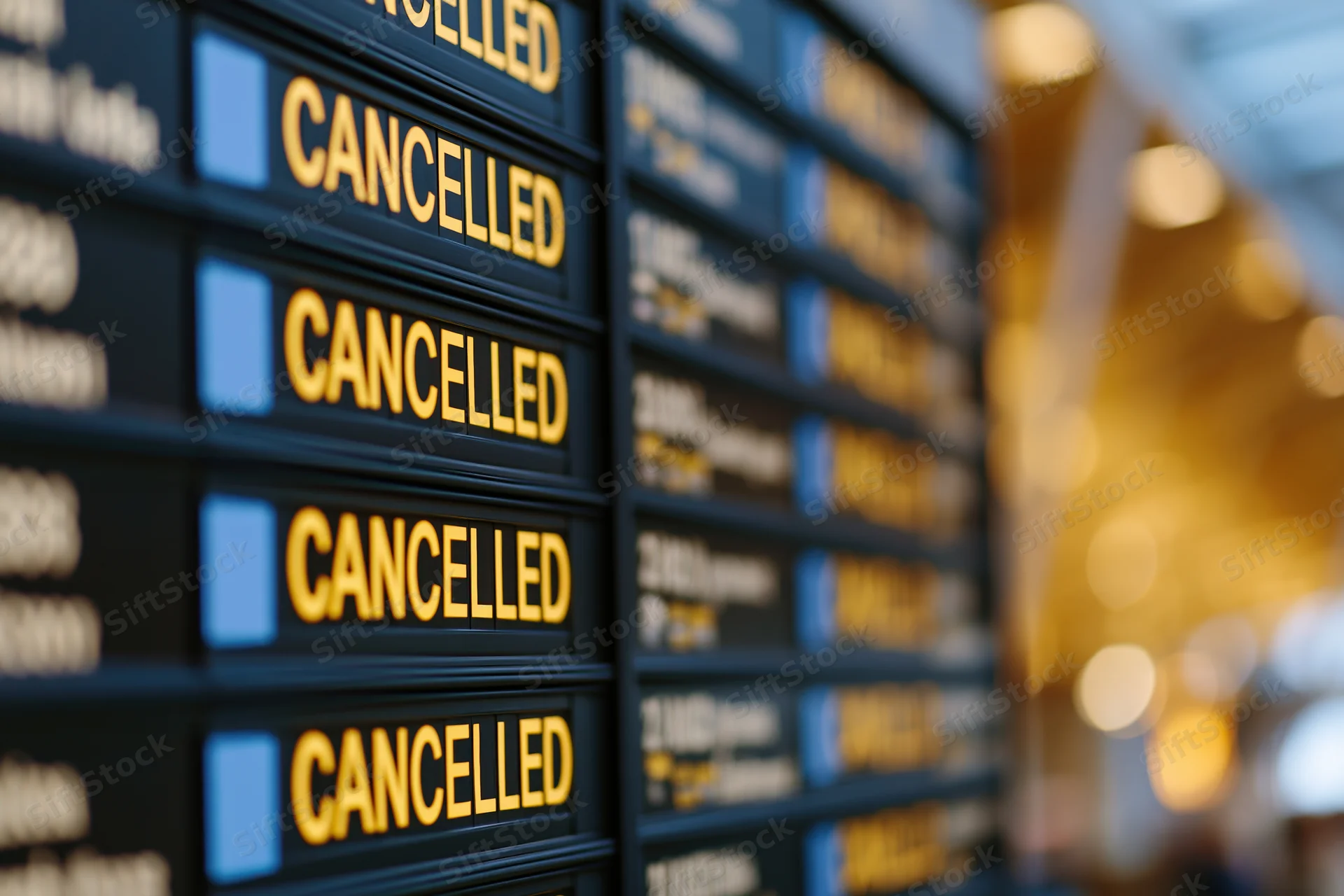 Digital flight information board showing multiple cancelled flights at airport terminal