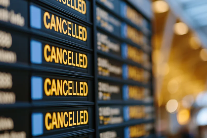 Digital flight information board showing multiple cancelled flights at airport terminal