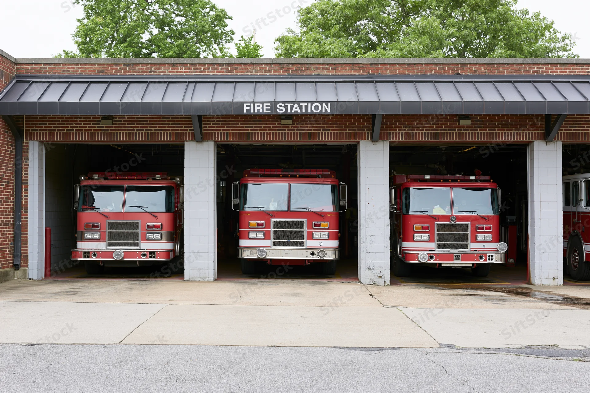 Three red fire trucks parked in bays at a brick fire station facade