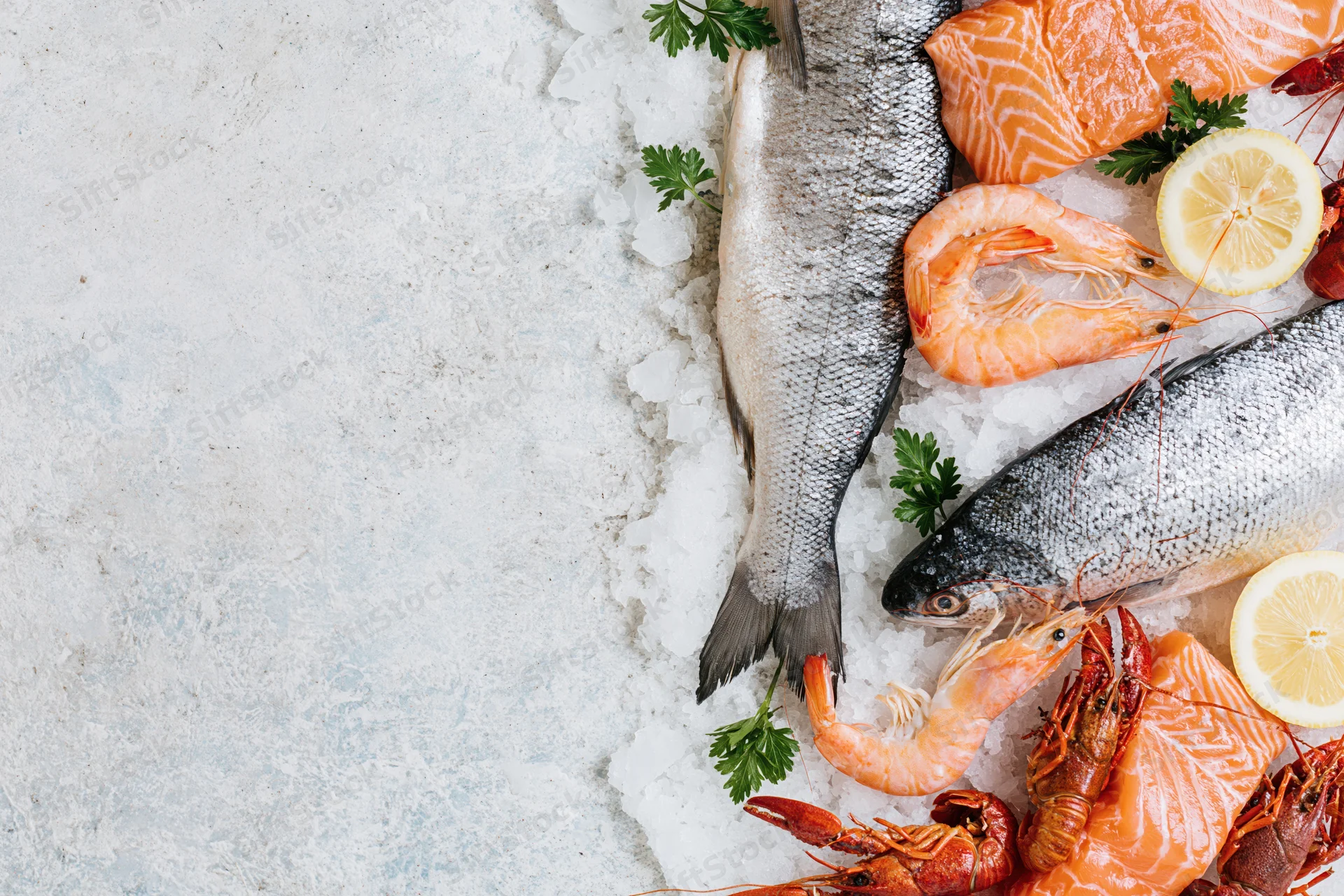 Assorted fresh raw seafood arranged on ice along the right side of a textured surface with copyspace on the left