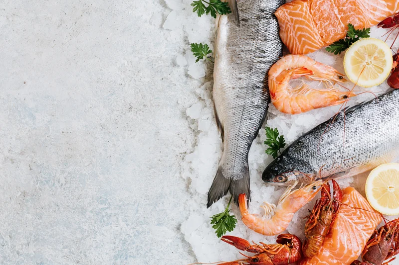 Assorted fresh raw seafood arranged on ice along the right side of a textured surface with copyspace on the left