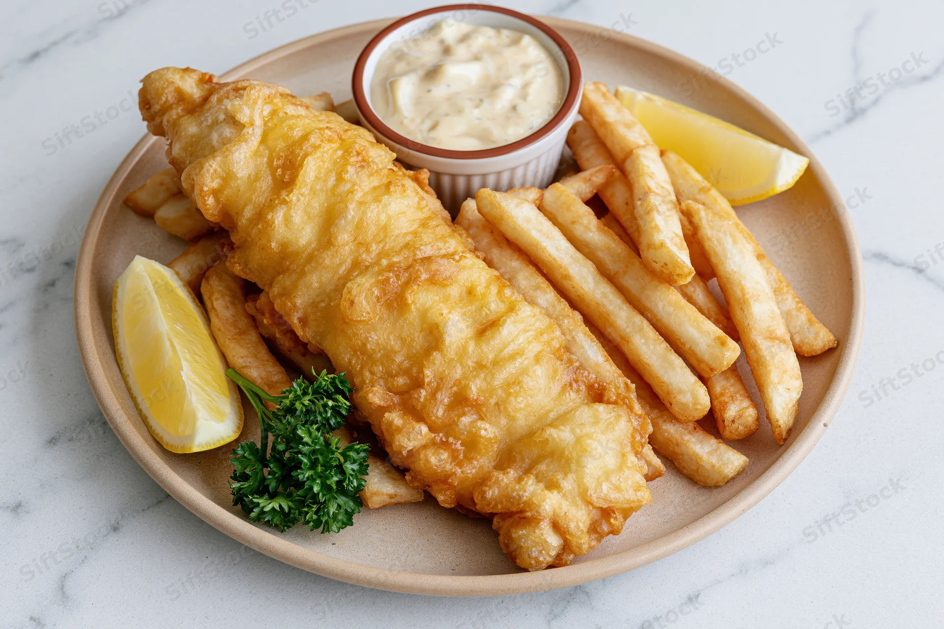 Beer-battered fish fillet with golden french fries on a plate with tartar sauce and lemon wedges