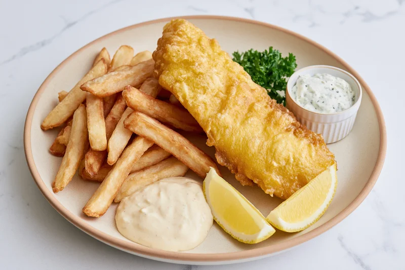 Beer-battered fish fillet with golden fries, tartar sauce, lemon wedges, and parsley on a white plate on a marble surface