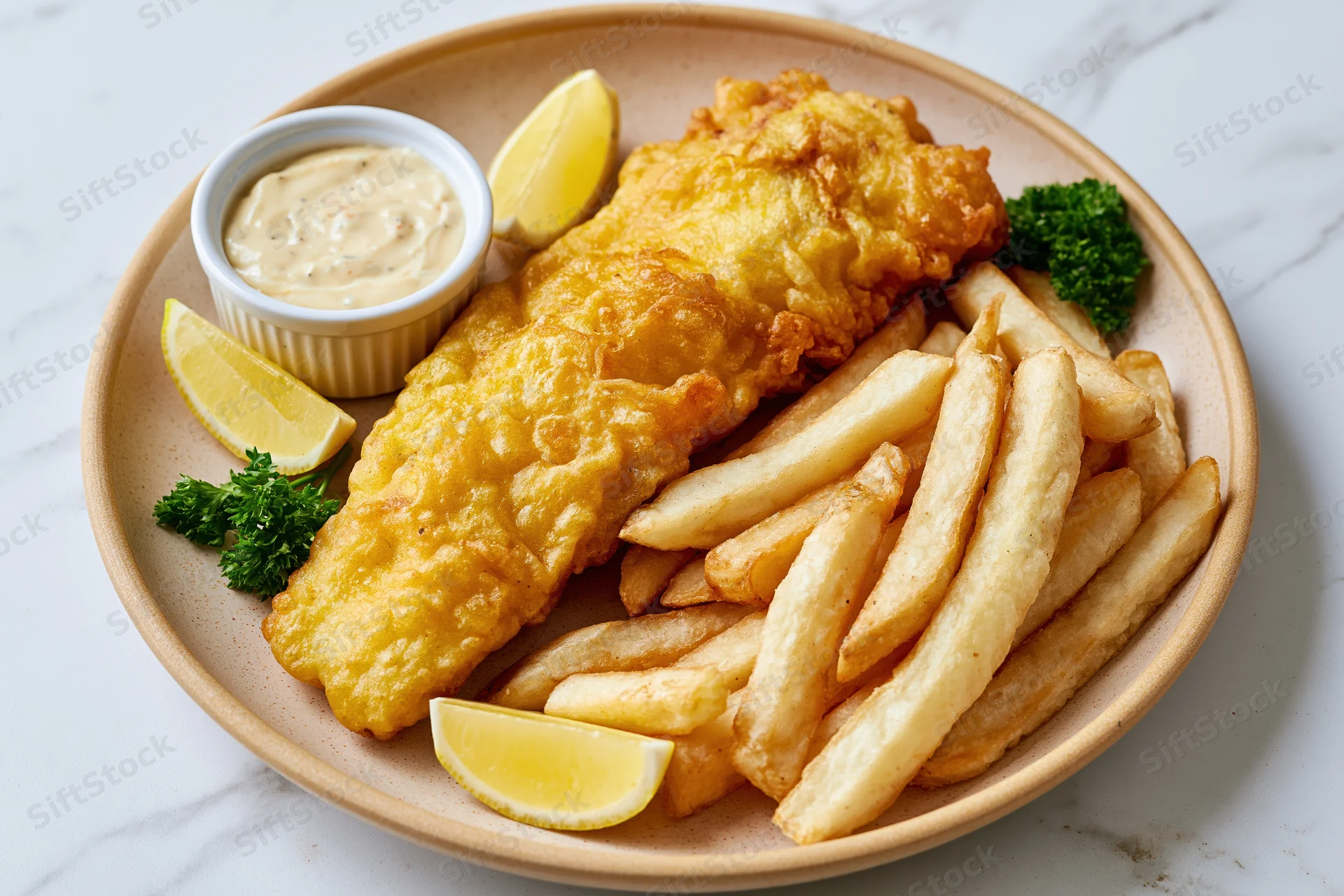 Beer-battered fish fillet with golden fries and tartar sauce on a ceramic plate