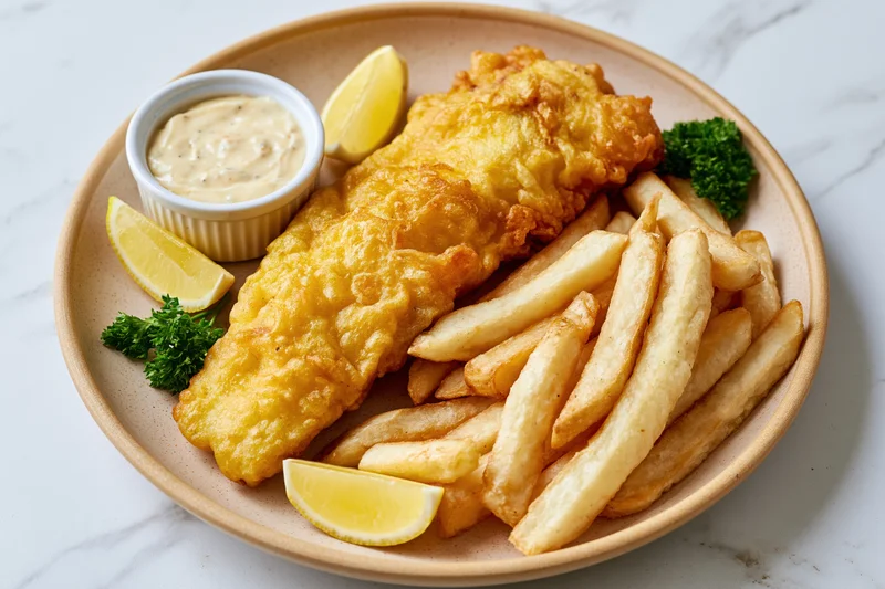 Beer-battered fish fillet with golden fries and tartar sauce on a ceramic plate