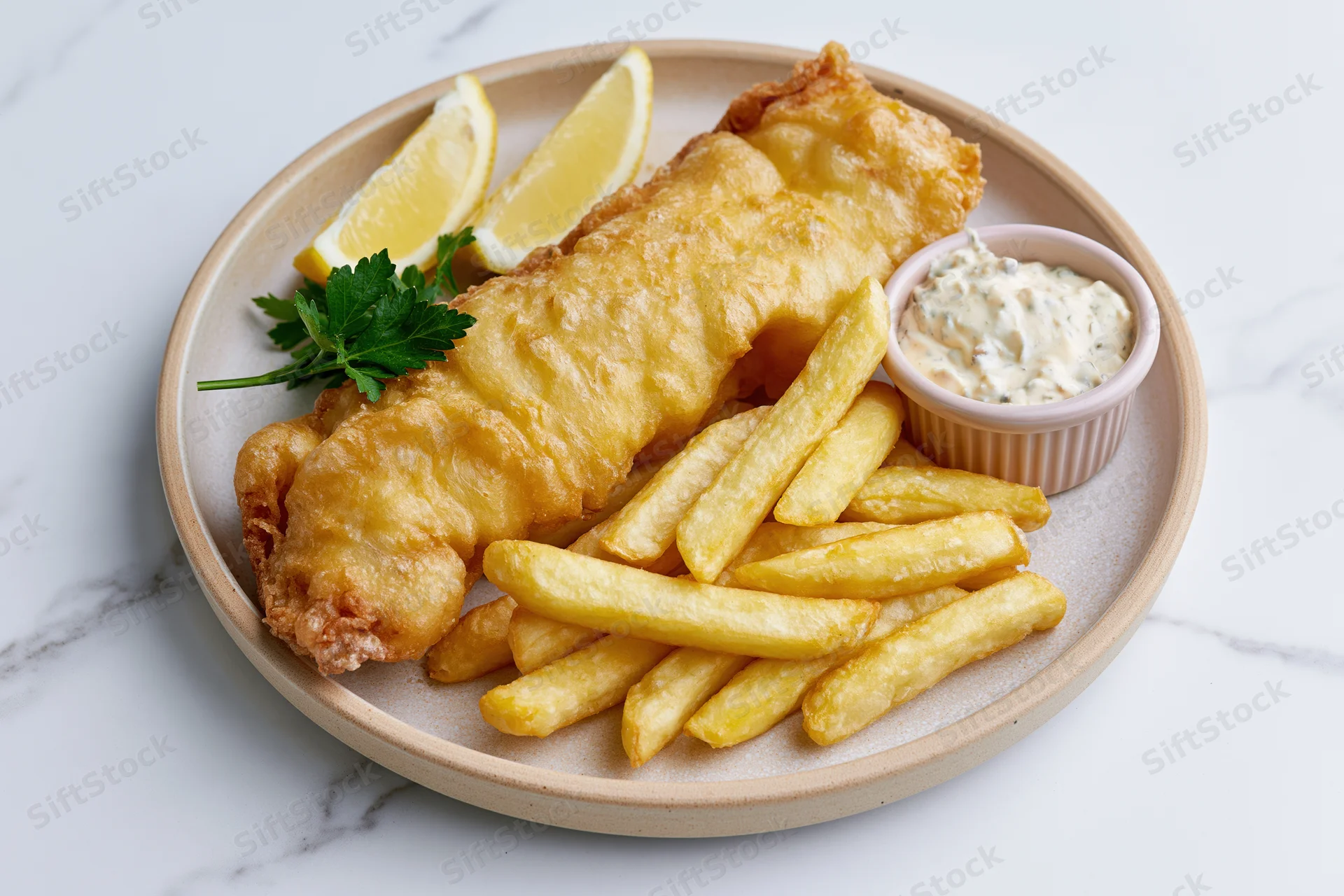 Beer-battered fish fillet with golden fries and tartar sauce on a ceramic plate