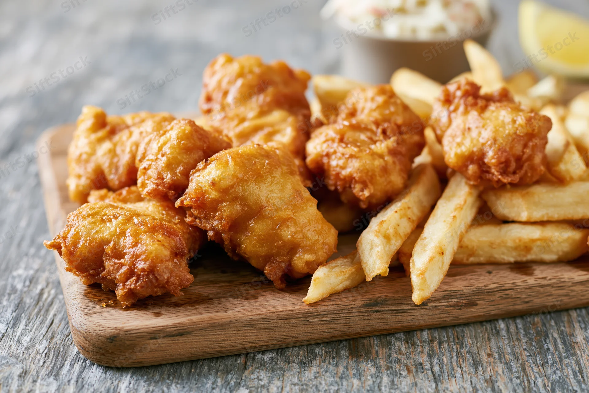 Fried fish pieces and golden french fries arranged on a wooden board with lemon and coleslaw on the side