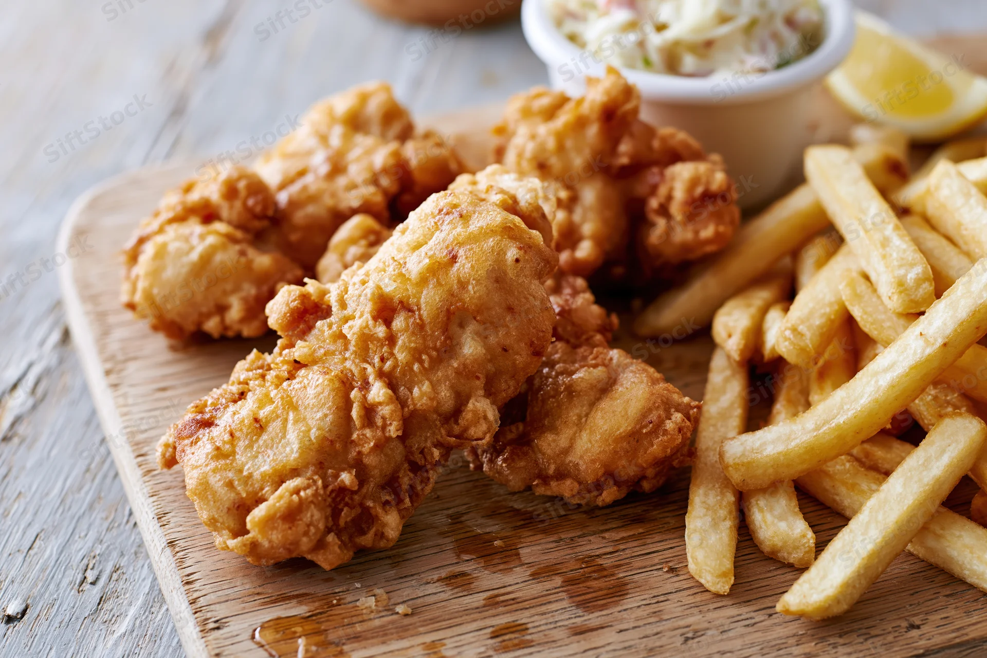 Beer-battered fried fish pieces and golden french fries served on a wooden board with coleslaw and lemon wedge