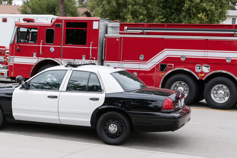Black and white police cruiser parked in front of red fire truck in residential area