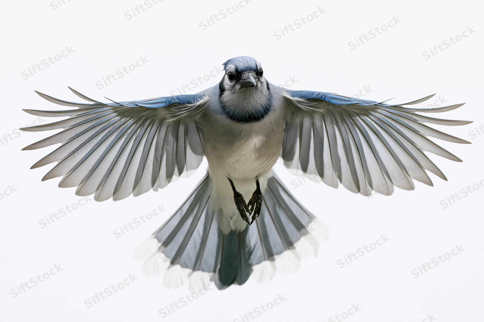 Blue jay in mid-flight with wings fully spread against white background