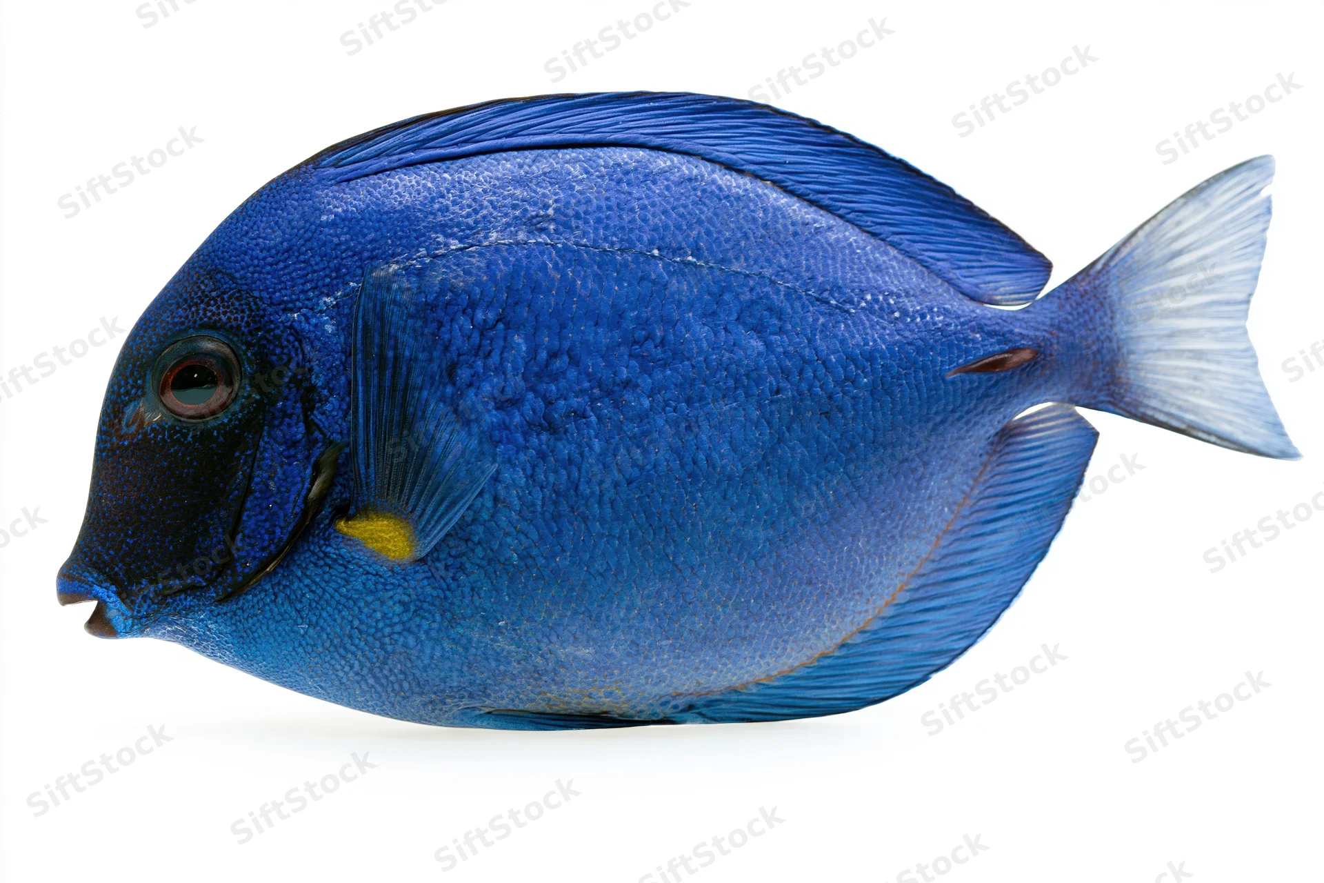 Blue tang surgeonfish isolated against white background