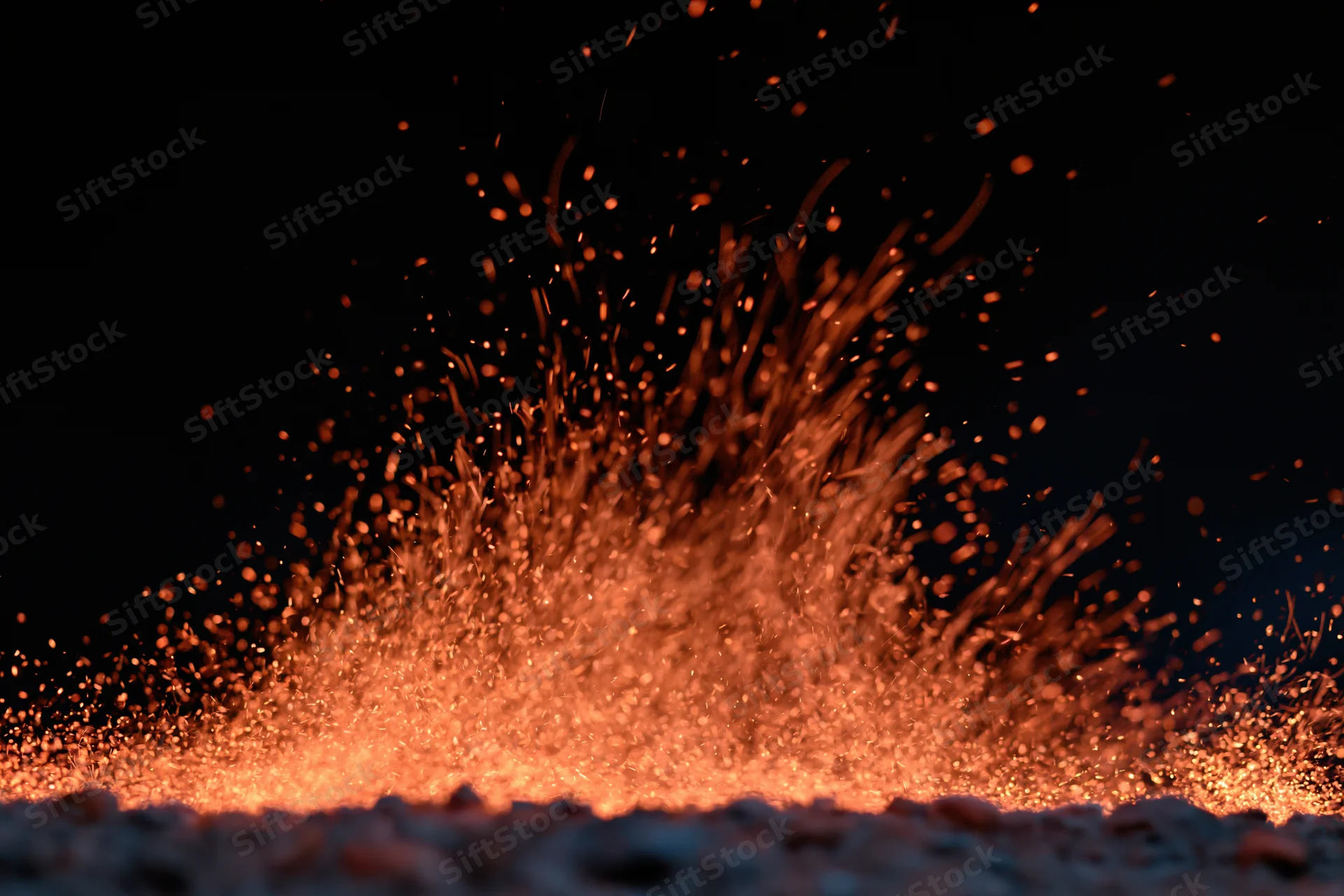 Glowing ember sparks bursting upward from a fire at night