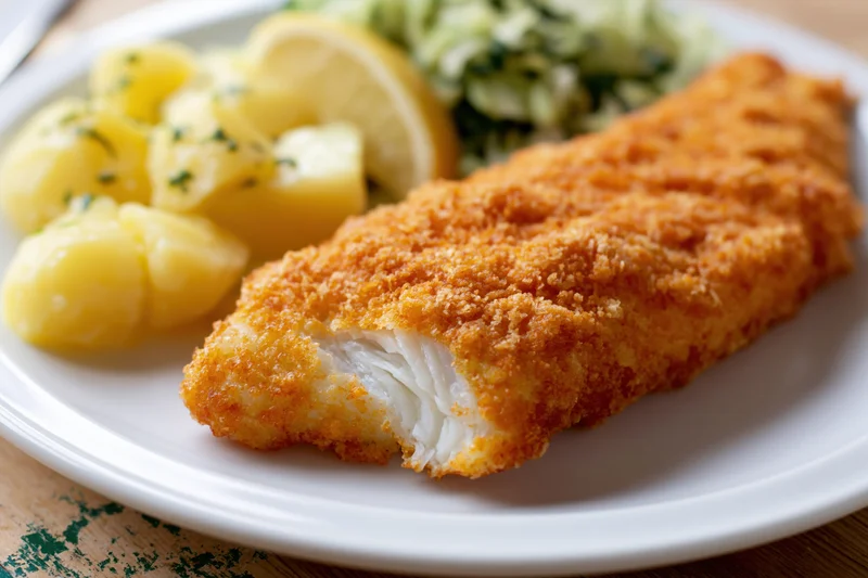 Breaded fried fish fillet with flaky white interior on a white plate with potatoes and cucumber salad