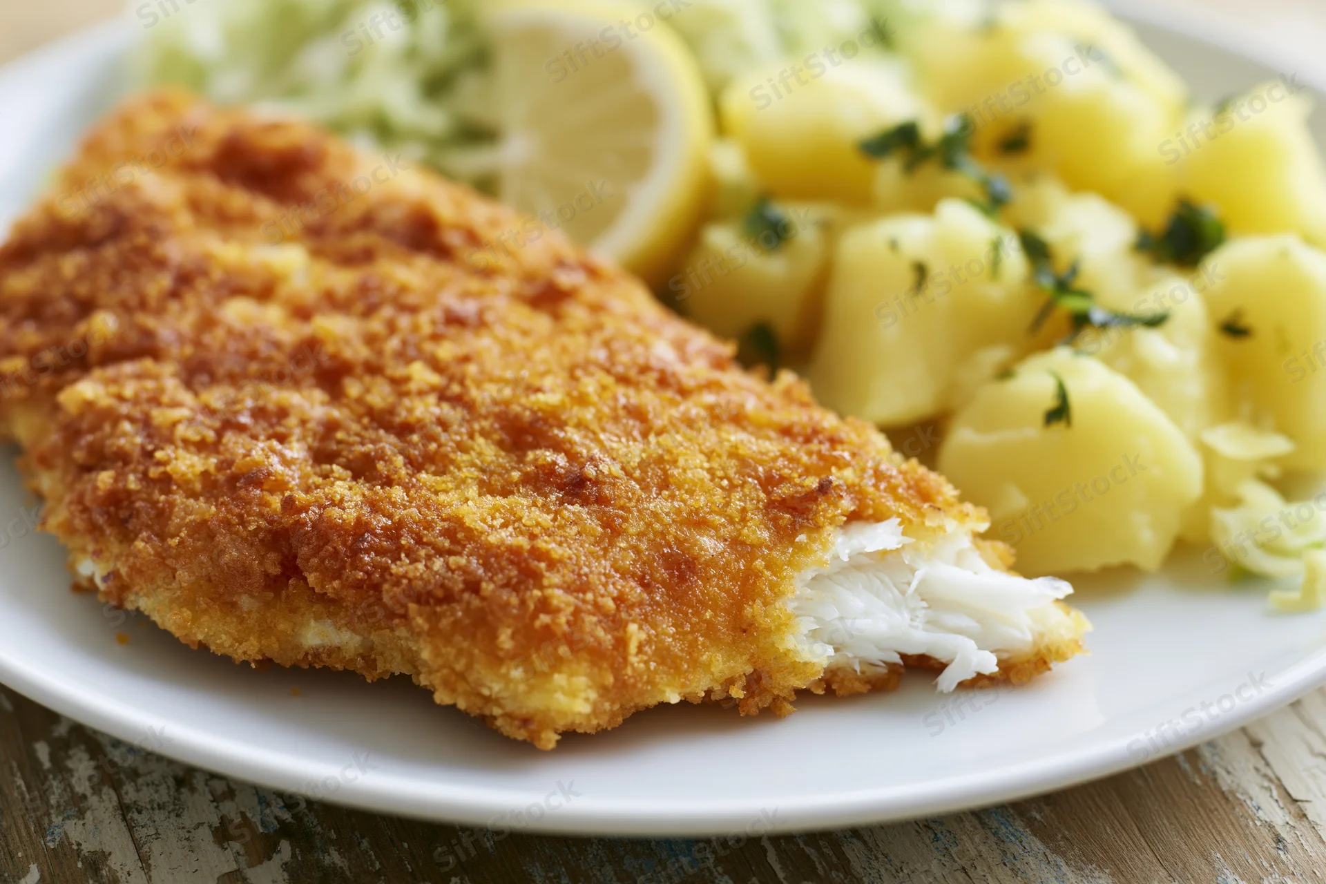 Breaded fried fish fillet with flaky white interior served on a plate with potatoes and lemon garnish