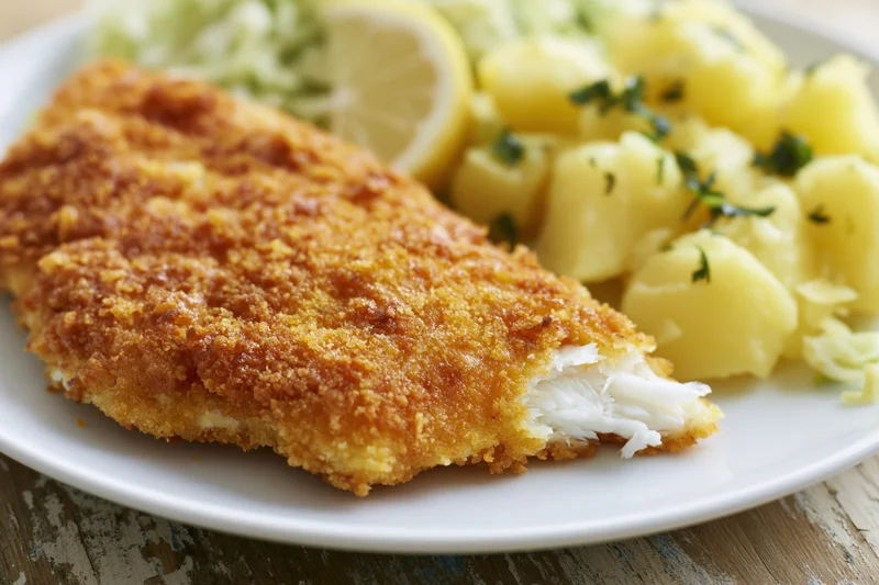 Breaded fried fish fillet with flaky white interior served on a plate with potatoes and lemon garnish