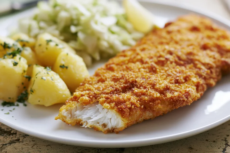 Breaded fried fish fillet with flaky white interior served on a white plate with potatoes and coleslaw