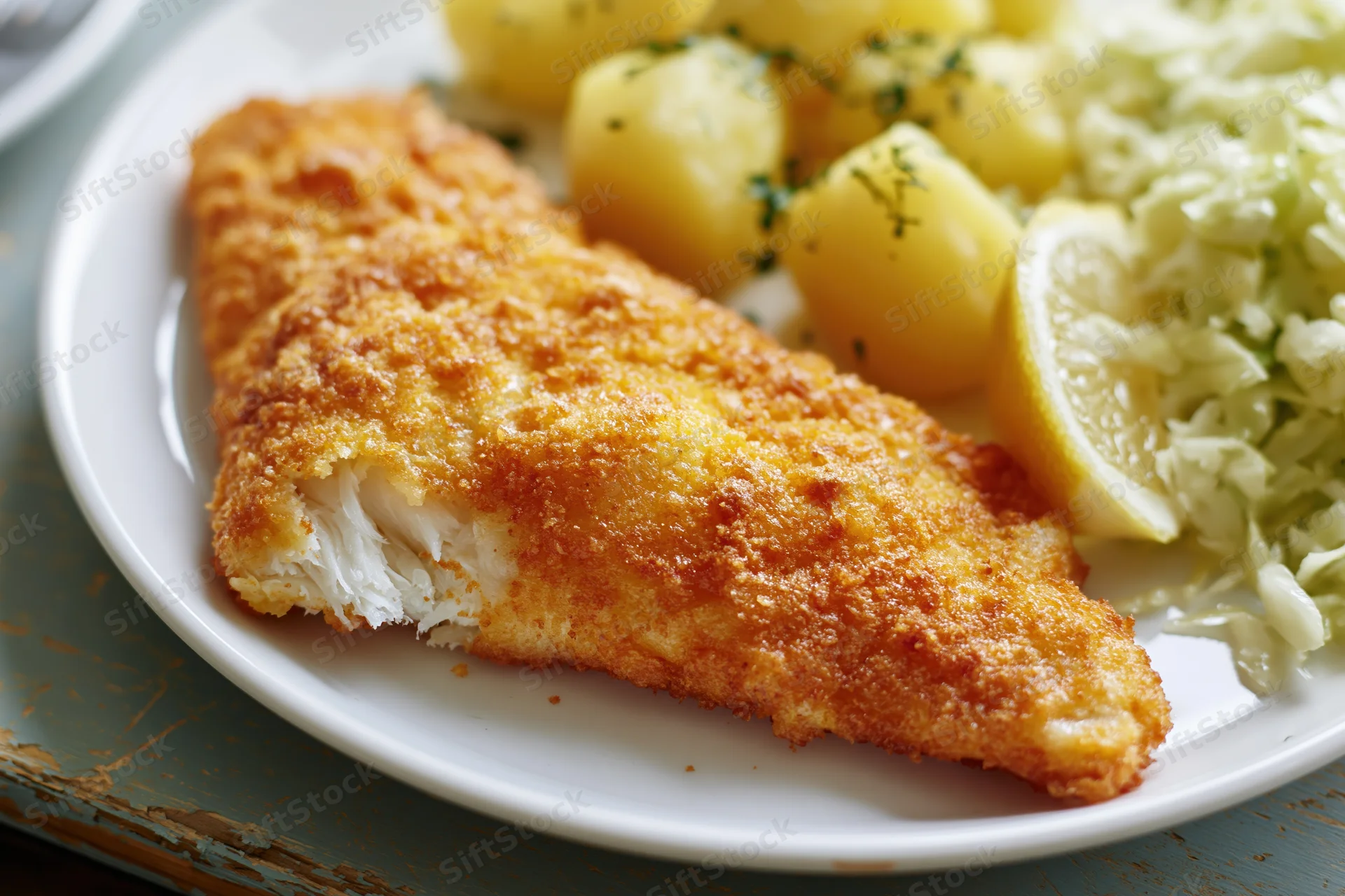 Breaded fried fish fillet with flaky white interior served on a plate with boiled potatoes and sauerkraut