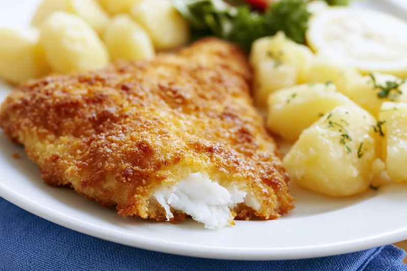 Breaded fried fish fillet with flaky white interior on a white plate with boiled potatoes and garnish