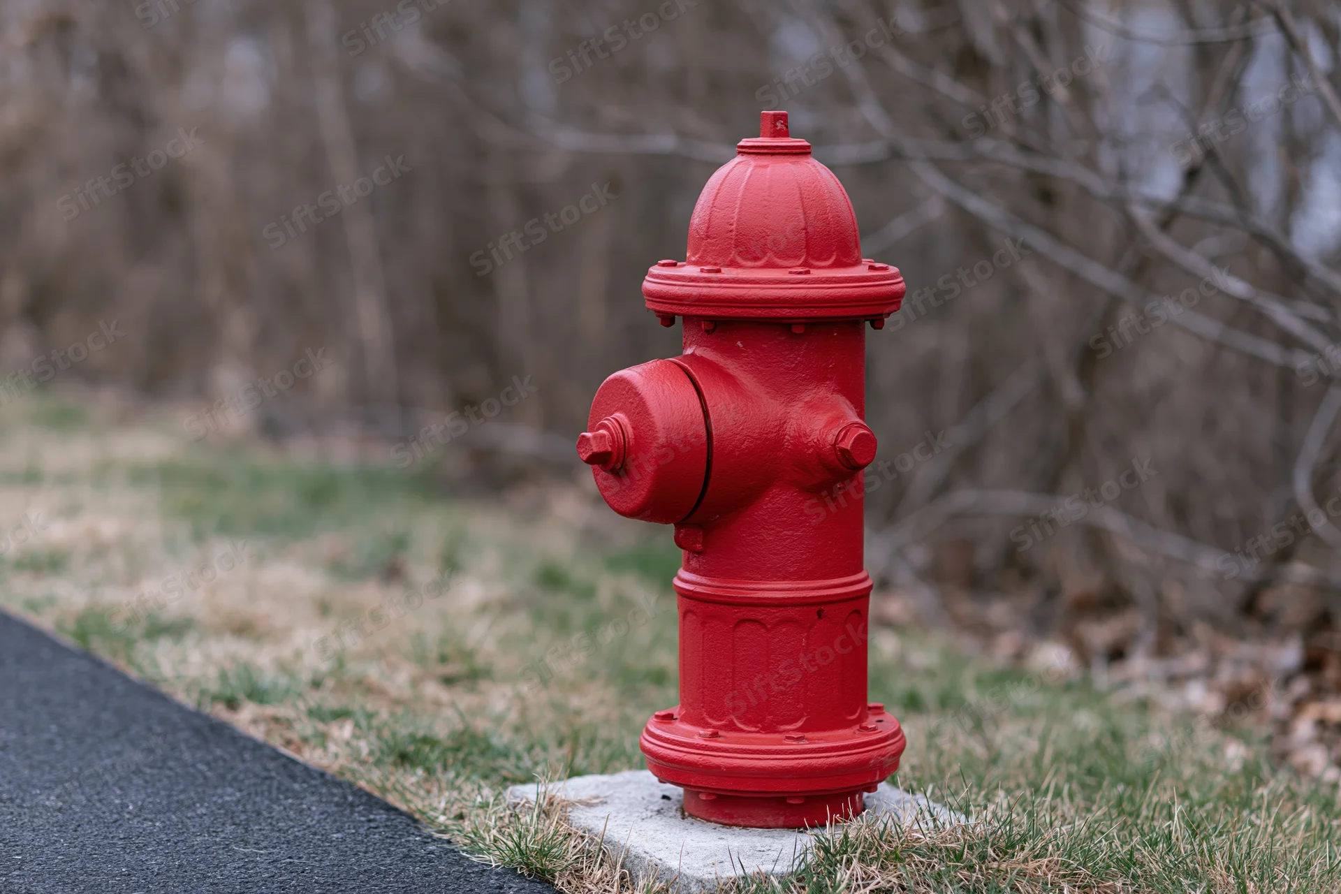 Bright red fire hydrant on concrete base beside pavement and grassy area