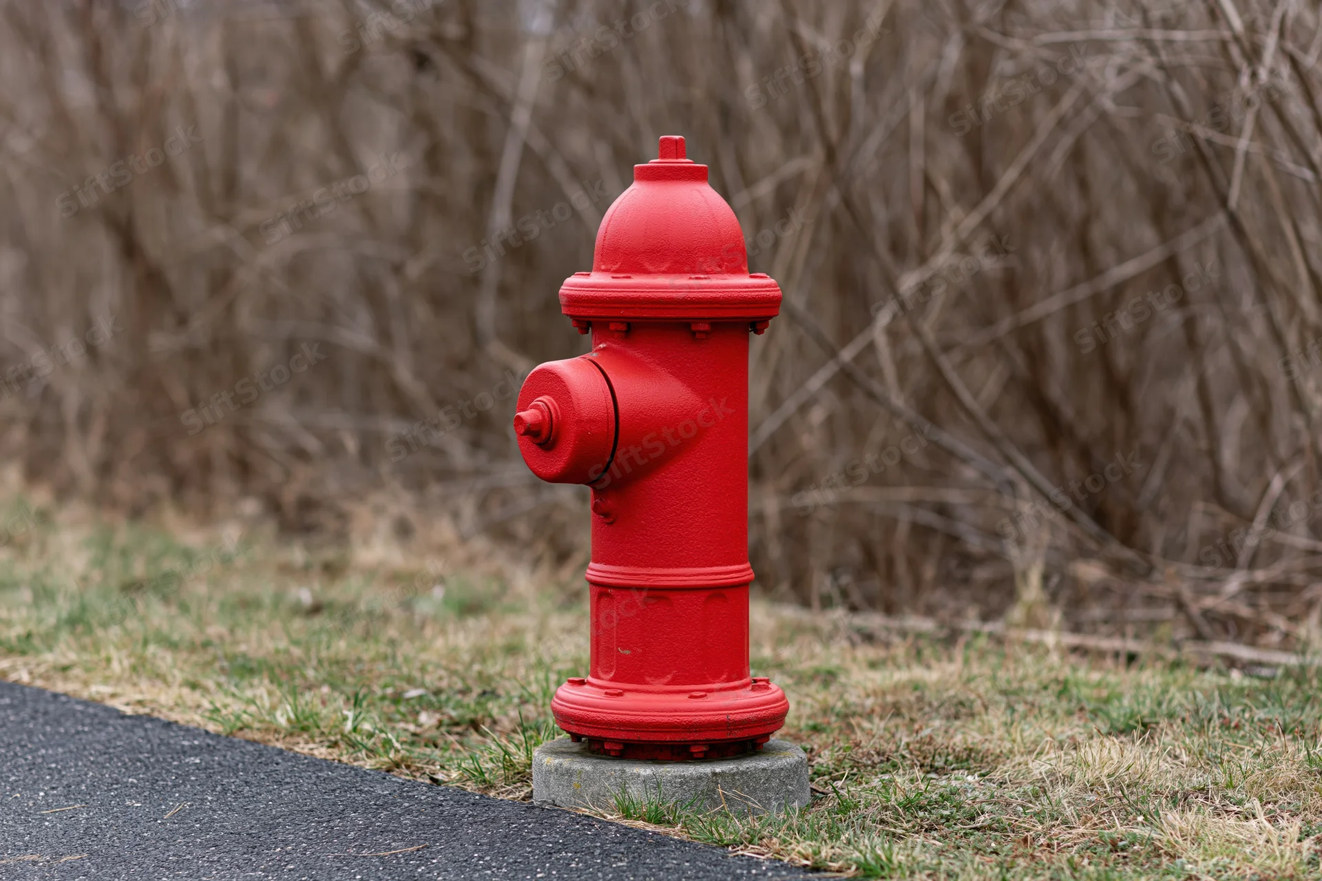 Bright red fire hydrant on concrete base beside asphalt road with dry grass and bare shrubs in background