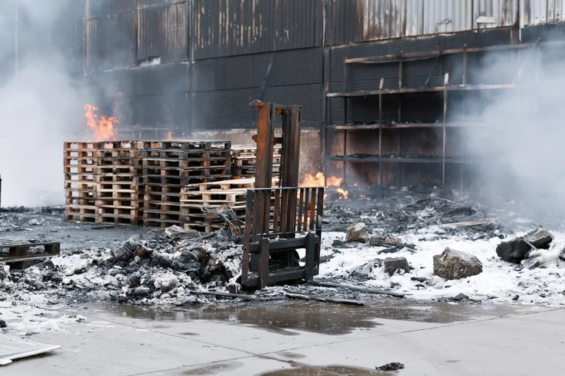 Burned-out industrial warehouse exterior with smoldering pallets and charred debris scattered across the ground