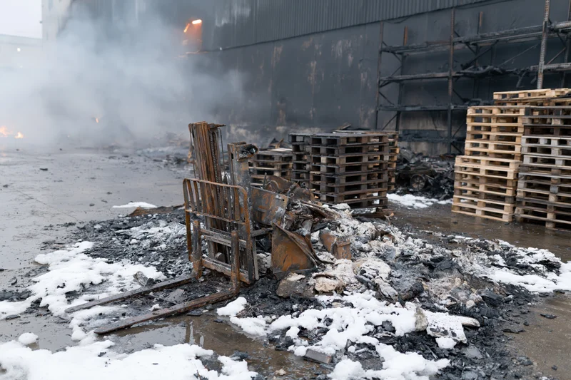Burned-out industrial warehouse exterior with charred debris and smoke after fire, snow on ground