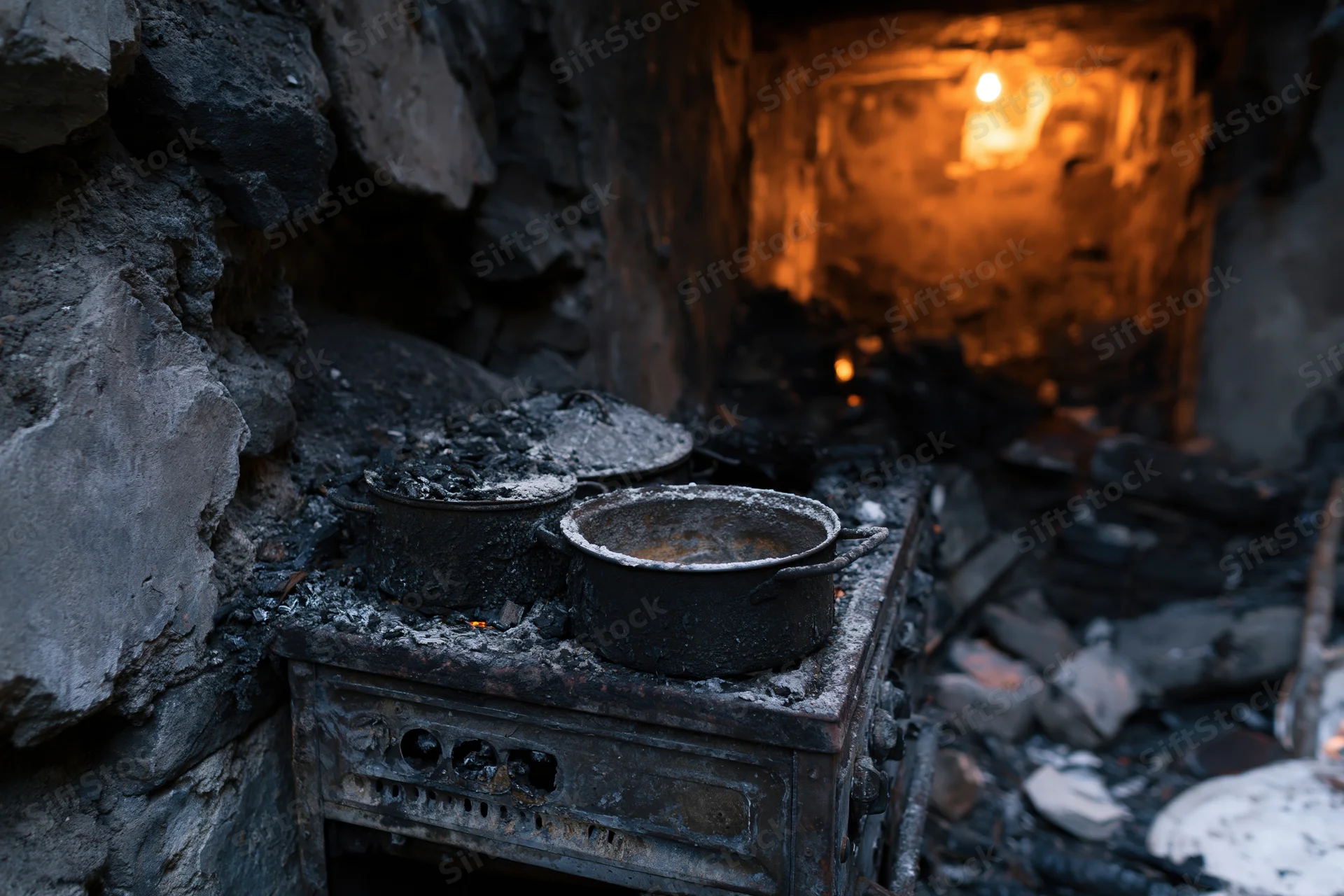 Burned-out kitchen interior with charred stove and pots amidst rubble and debris
