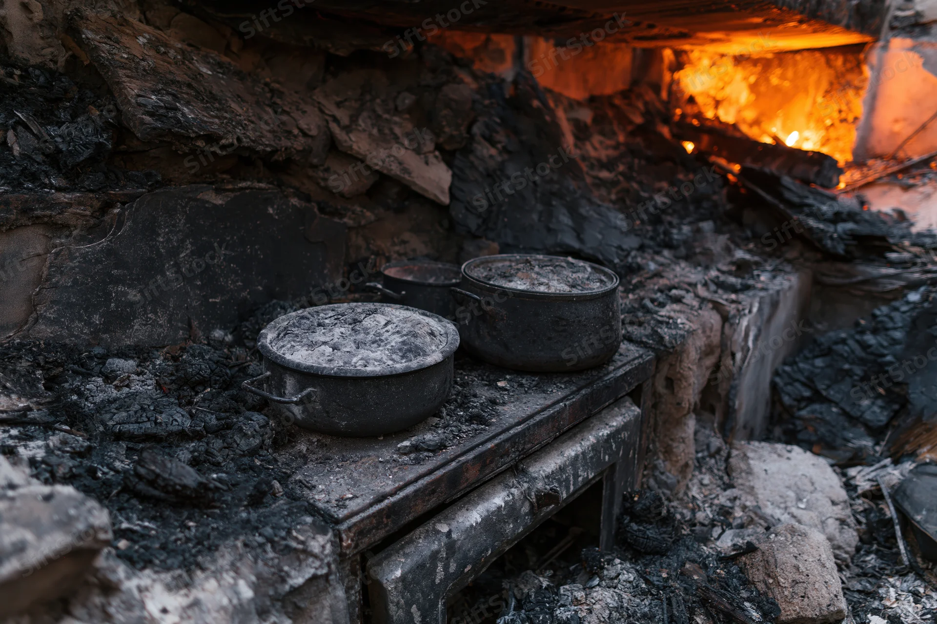 Burned kitchen interior with charred debris and cooking pots on a ruined table near a fire-damaged wall