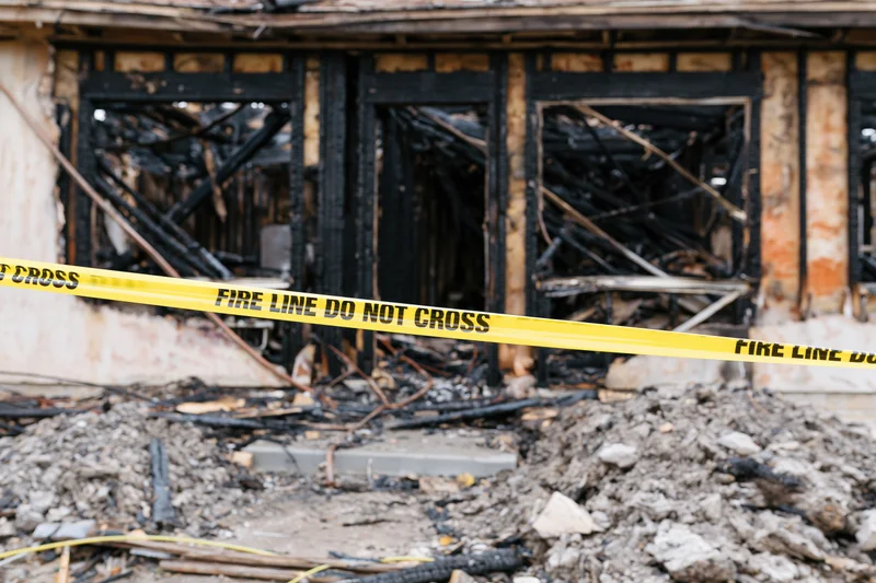 Burned residential building facade with charred wood frame and rubble, cordoned by yellow fire line tape