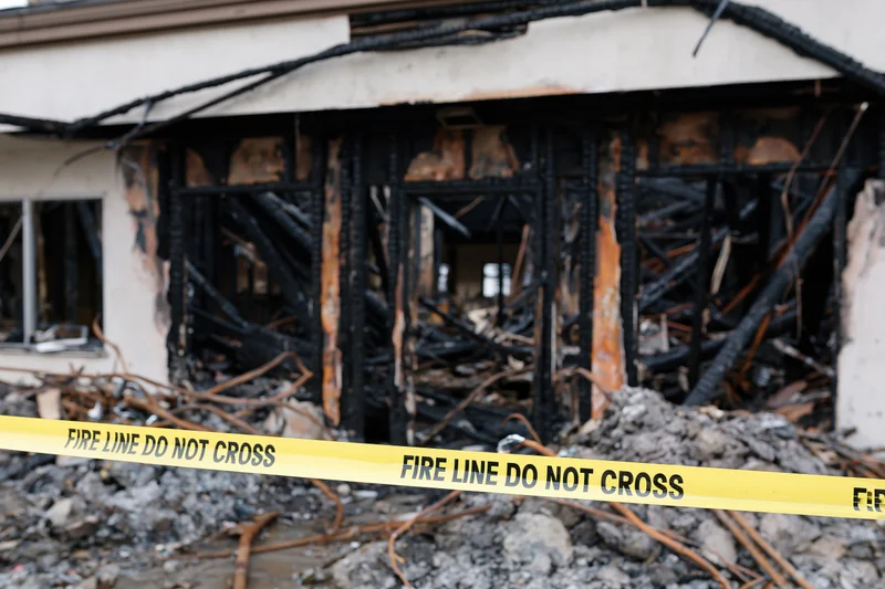 Burned-out residential building facade with charred frame and debris behind yellow fire line tape