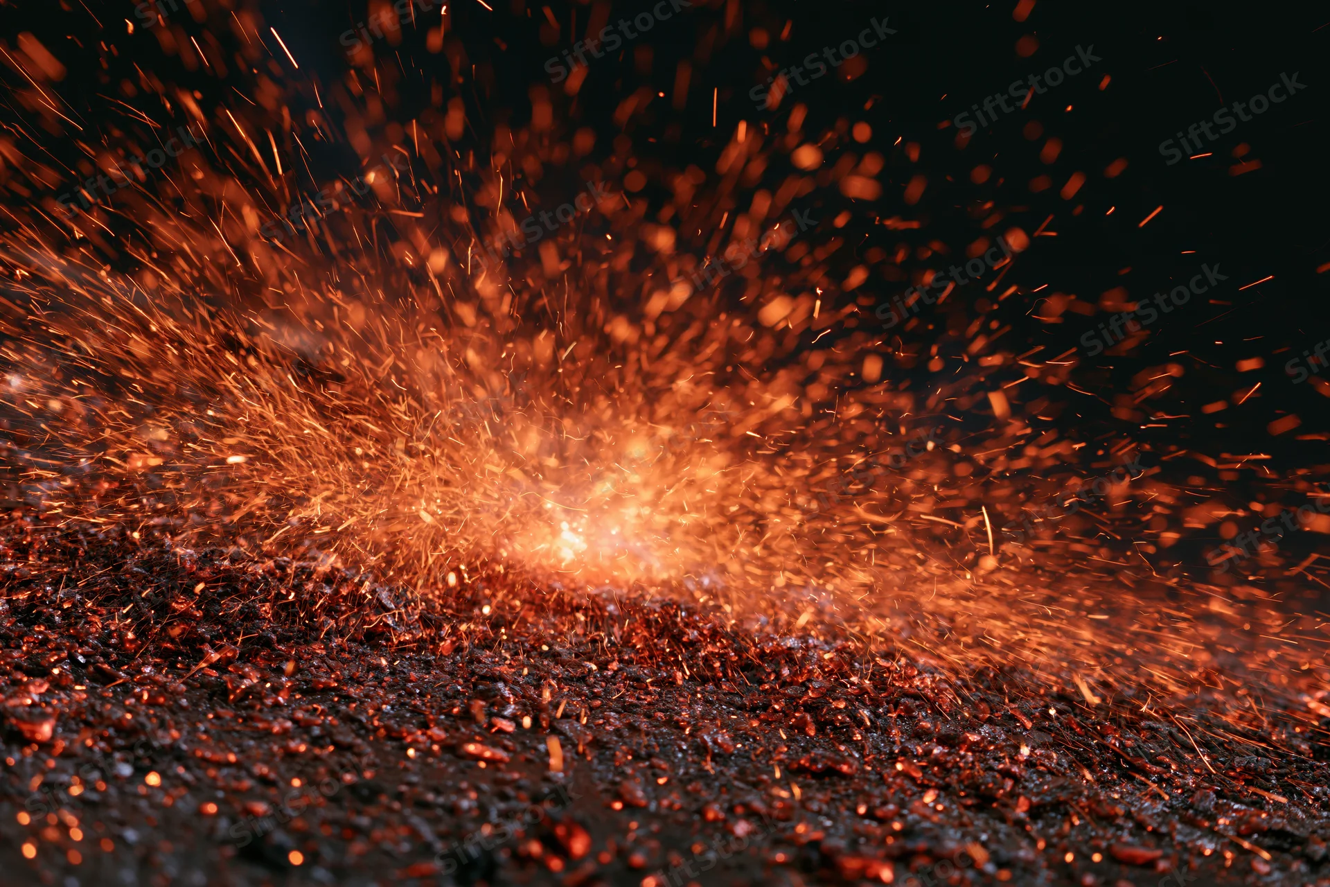 Burst of glowing sparks exploding outward from a central point on a dark textured surface
