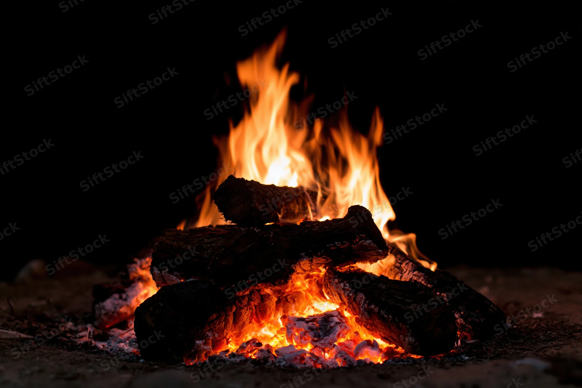 Campfire burning with stacked logs at night outdoors