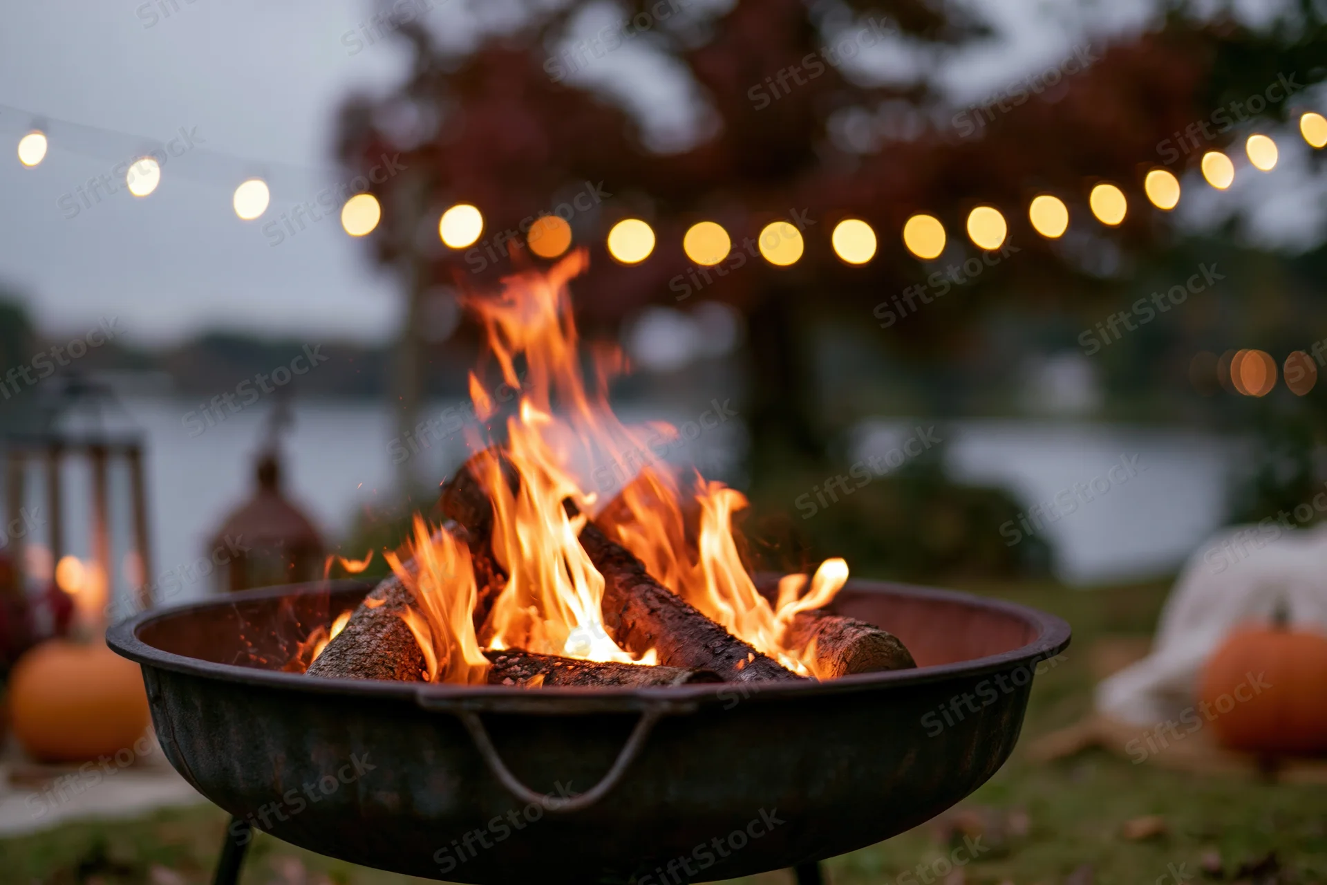 Cast iron fire pit with burning logs and string lights in a backyard garden at twilight