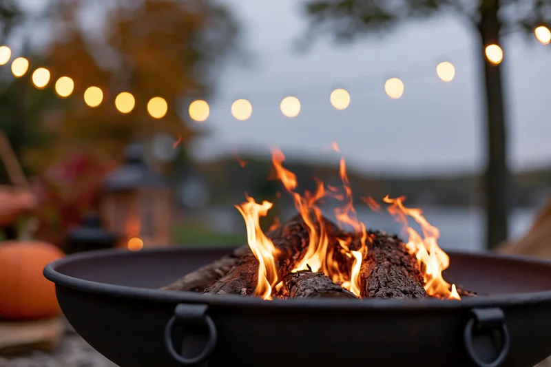 Fire burning in a cast iron fire pit outdoors at dusk with string lights and pumpkins nearby
