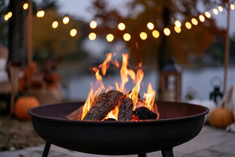 Cast iron fire pit with burning logs and flames on a patio decorated with pumpkins and string lights for autumn evening
