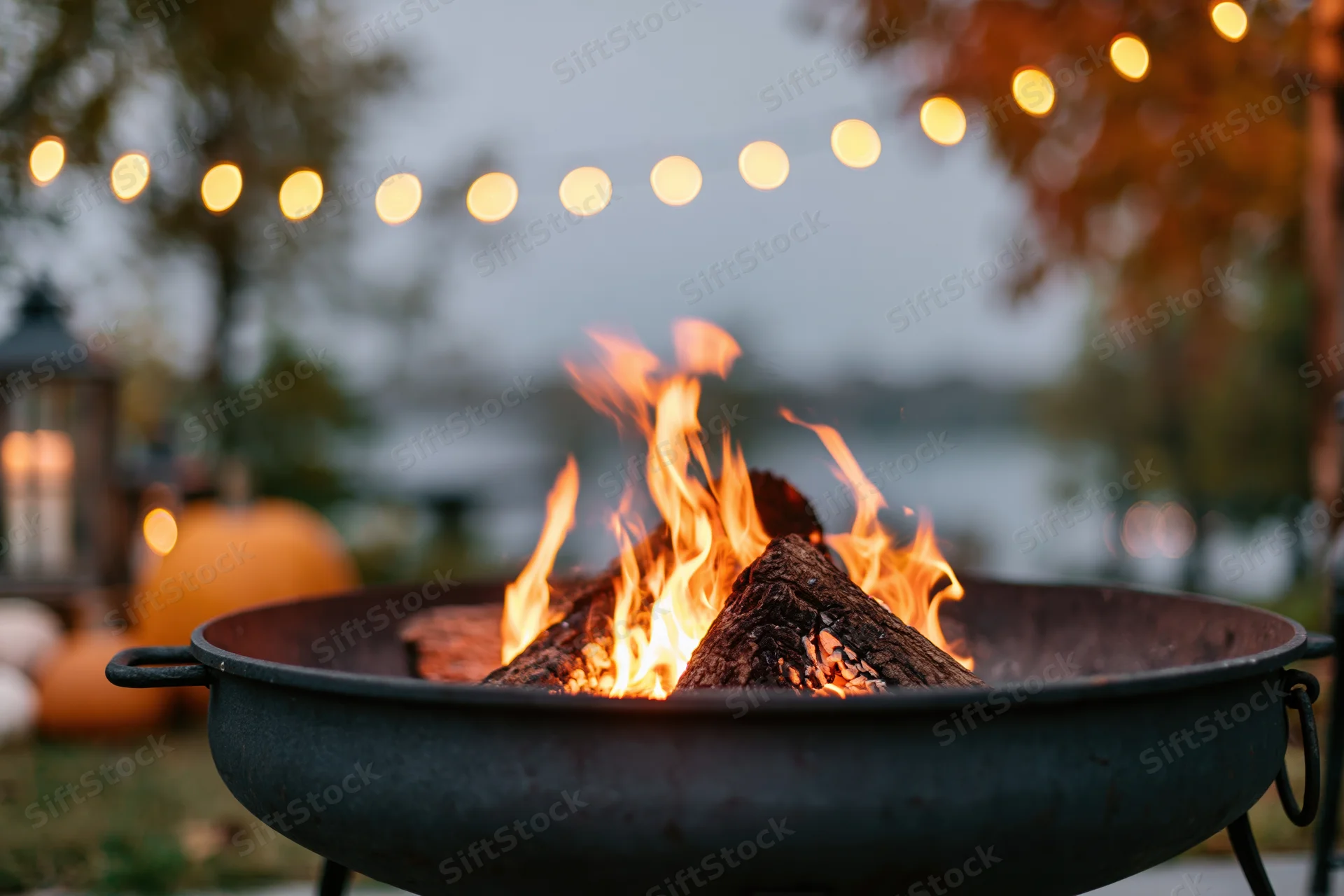 Cast iron fire pit with burning wood and flames in a backyard setting at evening with string lights and pumpkins nearby
