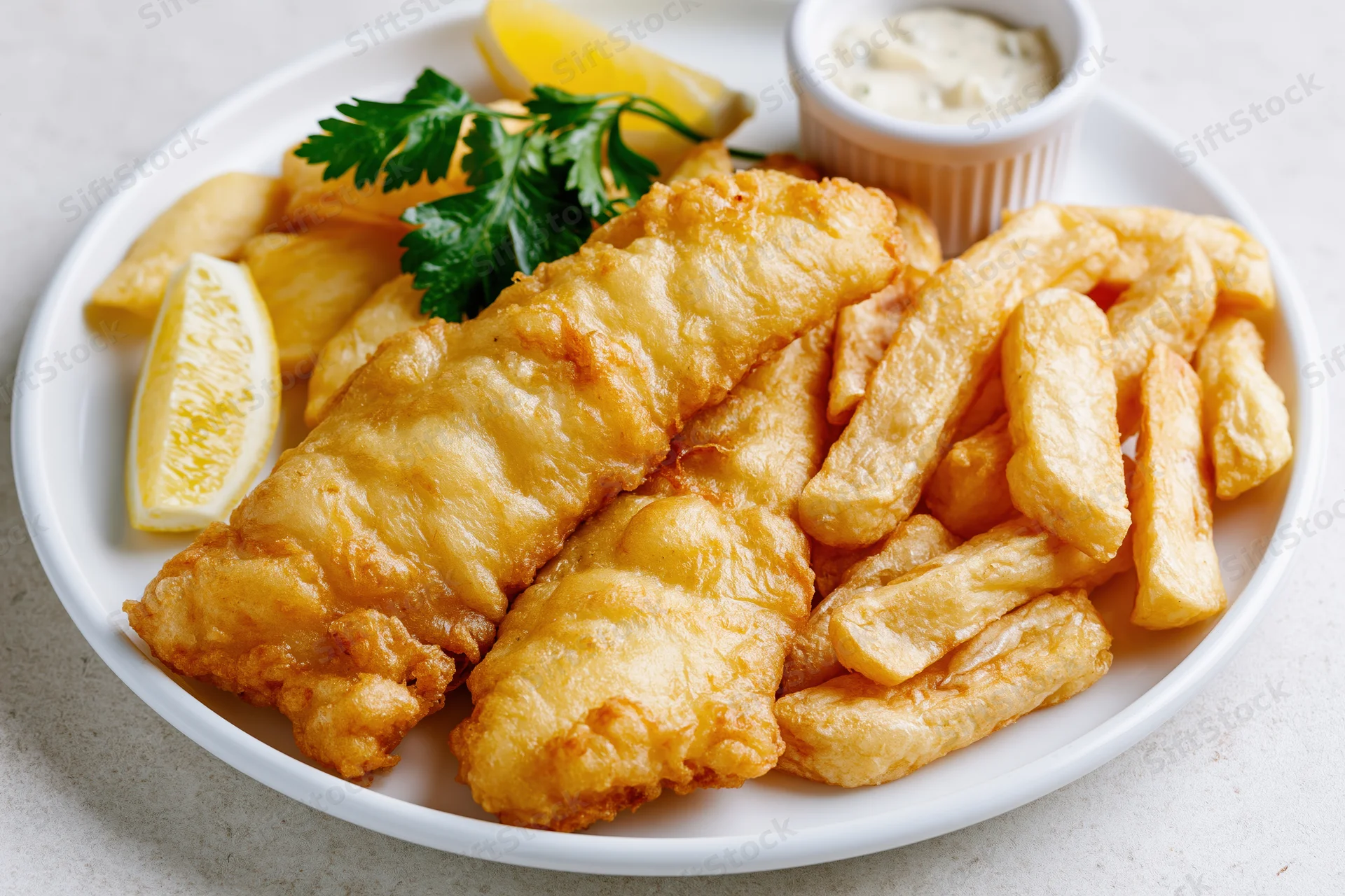 Two pieces of fried fish and thick-cut chips on a white plate with lemon wedges and tartar sauce