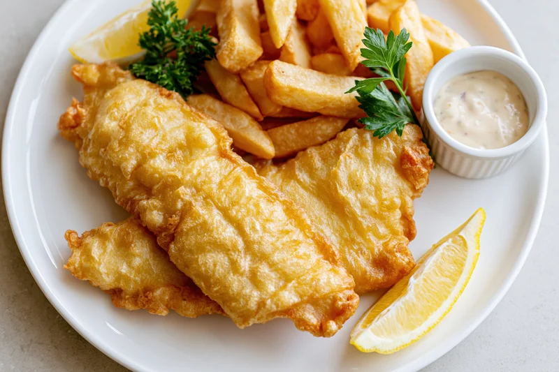 Golden fried fish and chips served on a white plate with lemon wedges and tartar sauce