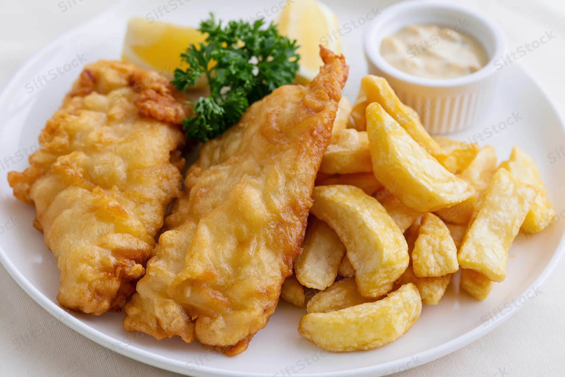 Fried fish and chips served on a white plate with lemon and parsley garnish