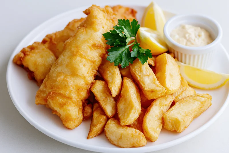 Golden fried fish and thick-cut chips served on a white plate with lemon wedges and tartar sauce