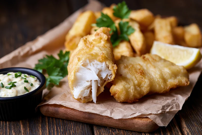 Fried fish and chips served on a wooden board lined with paper, garnished with lemon and parsley, with tartar sauce on the side
