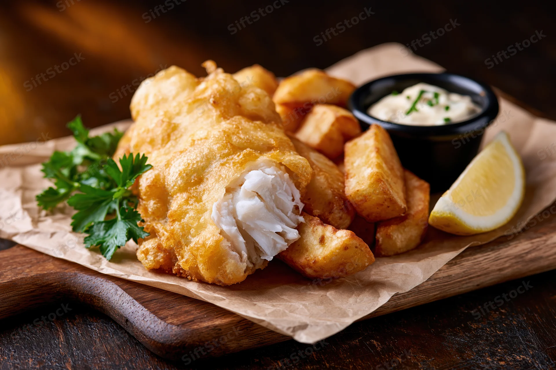 Fried fish and chips served on a wooden board with lemon and tartar sauce