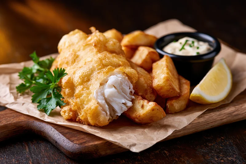 Fried fish and chips served on a wooden board with lemon and tartar sauce