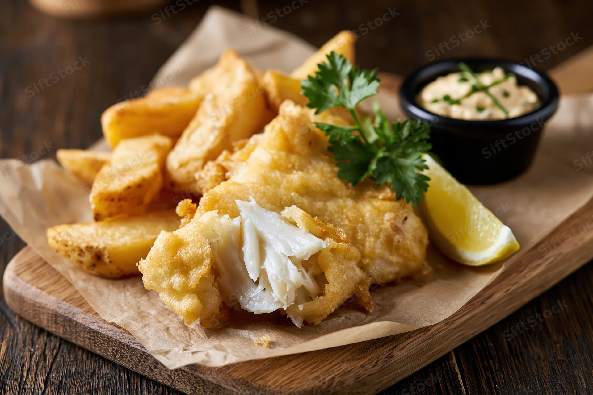 Fried fish and chips served on a wooden board with lemon and parsley garnish