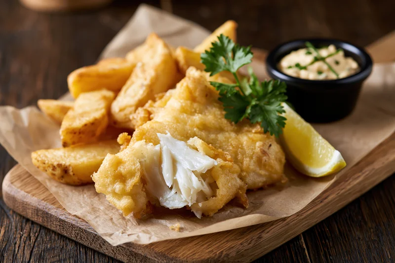 Fried fish and chips served on a wooden board with lemon and parsley garnish
