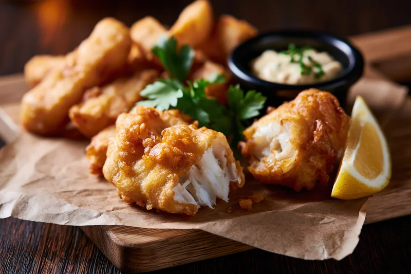 Fried fish and chips served on a wooden board lined with parchment paper with lemon and tartar sauce