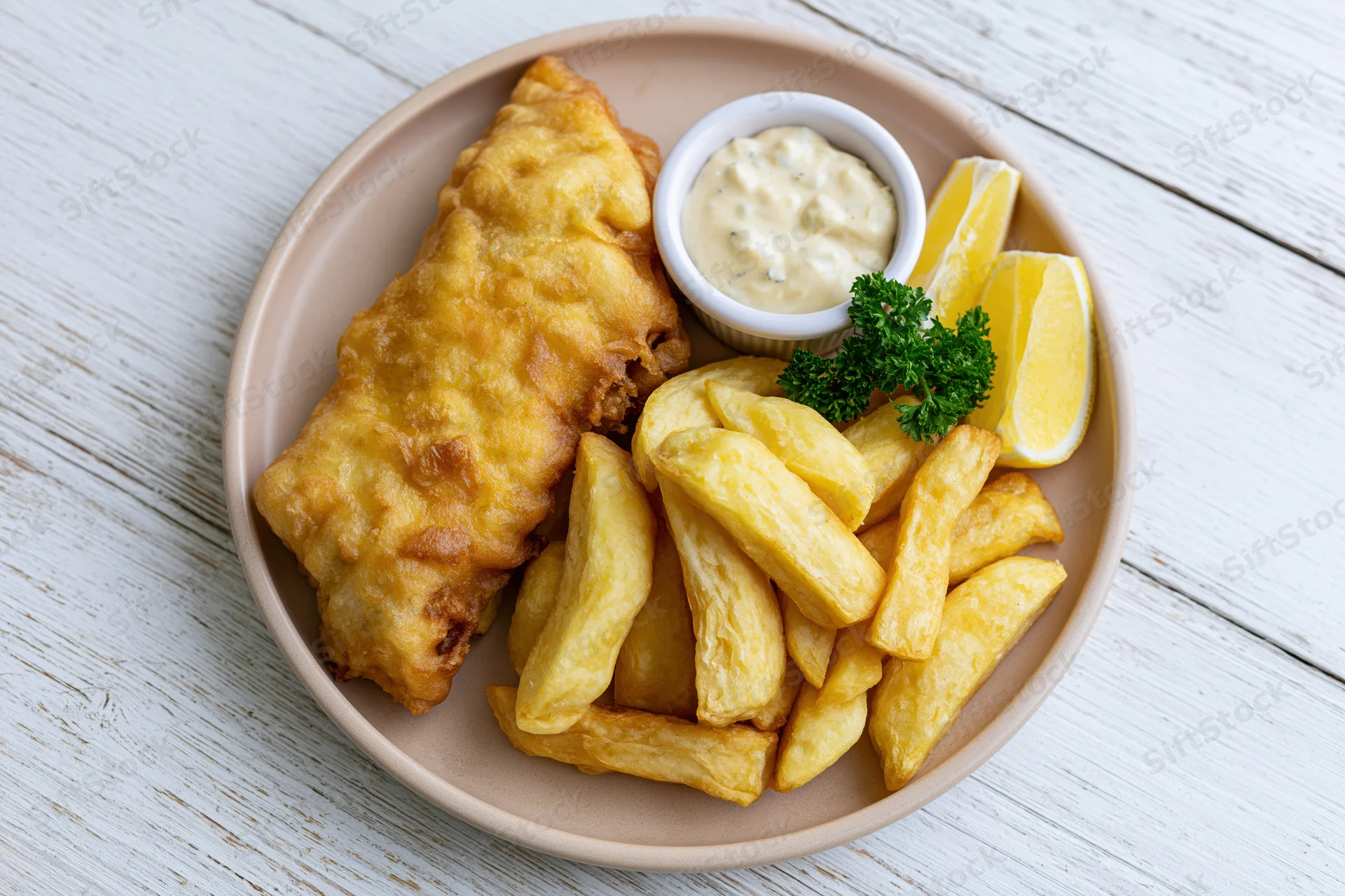 Golden fried fish and chips served on a beige ceramic plate with tartar sauce and lemon wedges on a white wooden table